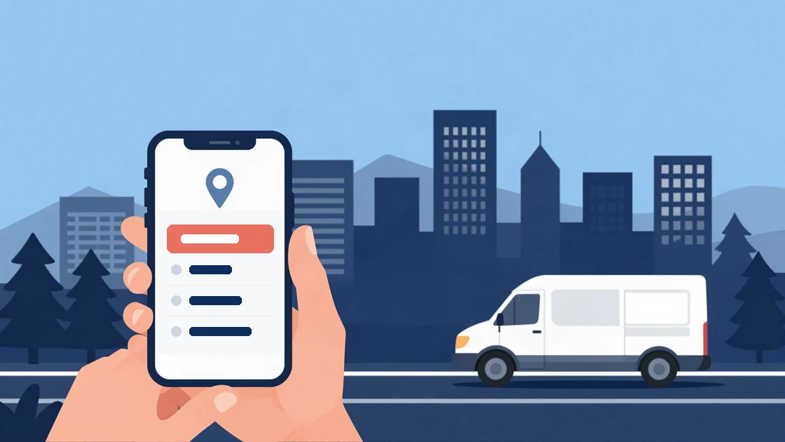 Flat illustration of a hand holding a phone showing an AI assistant's three recommended businesses, with the Denver skyline, the Rocky Mountains and a contractor's van behind