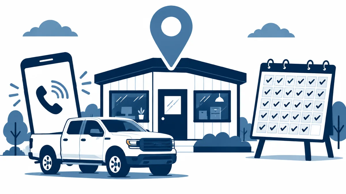 Flat navy illustration of a contractor's own small office with a tall map pin planted on the roof, a smartphone with a ringing handset icon beside it, a wall calendar on an easel with most squares checked, and a pickup truck parked in front