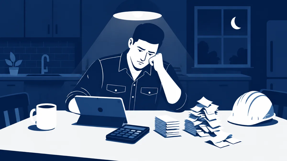 Flat navy illustration of a contractor in a work shirt at a kitchen table at night under a single hanging lamp, a tablet and a calculator in front of them, one neat stack of receipts and one toppling over, a coffee mug and a hard hat on the table