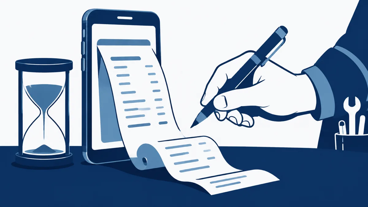 Flat navy illustration of a smartphone standing upright with a long paper receipt curling out of its screen onto a table, an hourglass running low beside it, and a contractor's hand holding a pen over the receipt