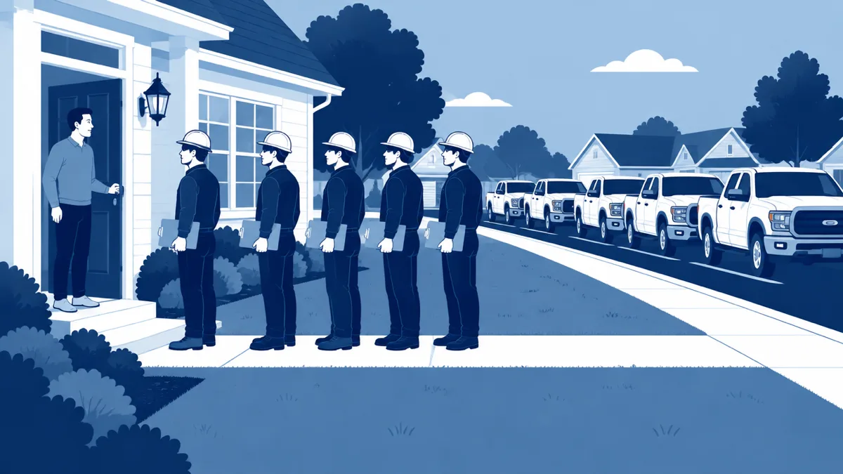 Flat navy illustration of a homeowner standing in an open front doorway while five identical contractors in hard hats wait in a line on the front walk holding clipboards, their five pickup trucks parked along the curb behind them