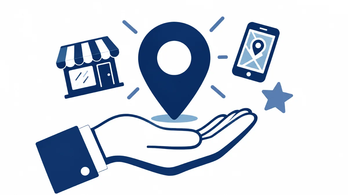 Flat navy illustration of a large map pin standing upright in an open palm, with a small storefront, a phone showing a map and a star floating around it, representing a free business listing on Google Maps