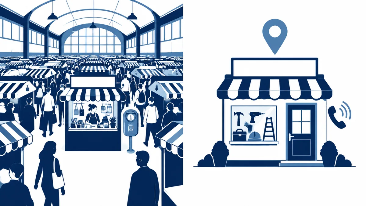 Flat navy illustration split in two: on the left a small rented stall inside a crowded indoor marketplace with a coin meter beside it, on the right a standalone contractor shop with its own door, a map pin above it and a phone ringing