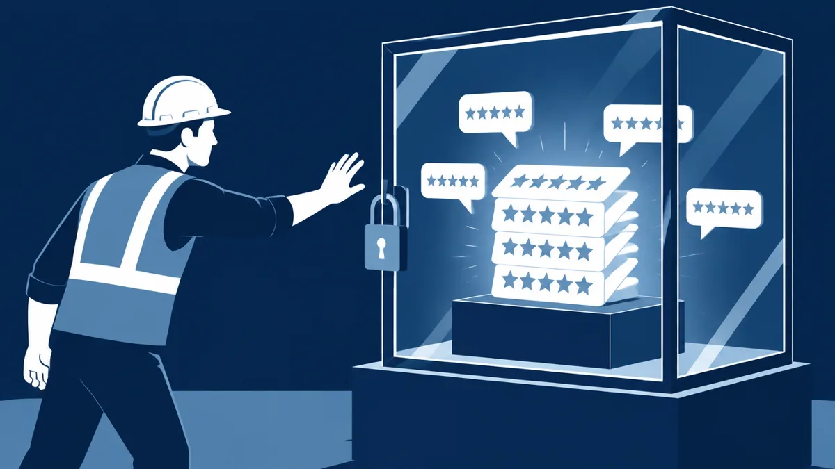 Flat navy illustration of a contractor in a hard hat and safety vest reaching toward a padlocked glass display case that holds a glowing stack of five-star review cards and speech bubbles he cannot touch
