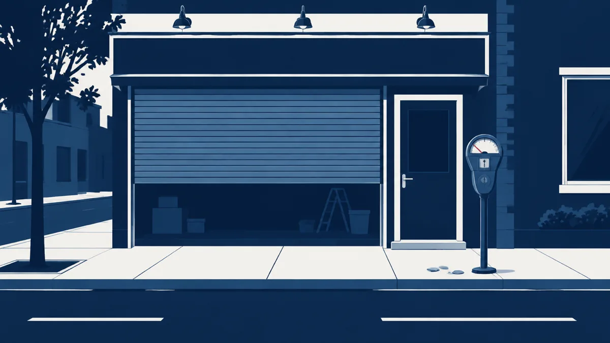 Flat navy illustration of a small contractor storefront with its roller shutter two-thirds down and the lights off, an expired coin meter beside the door with its needle on empty and a few coins on the pavement