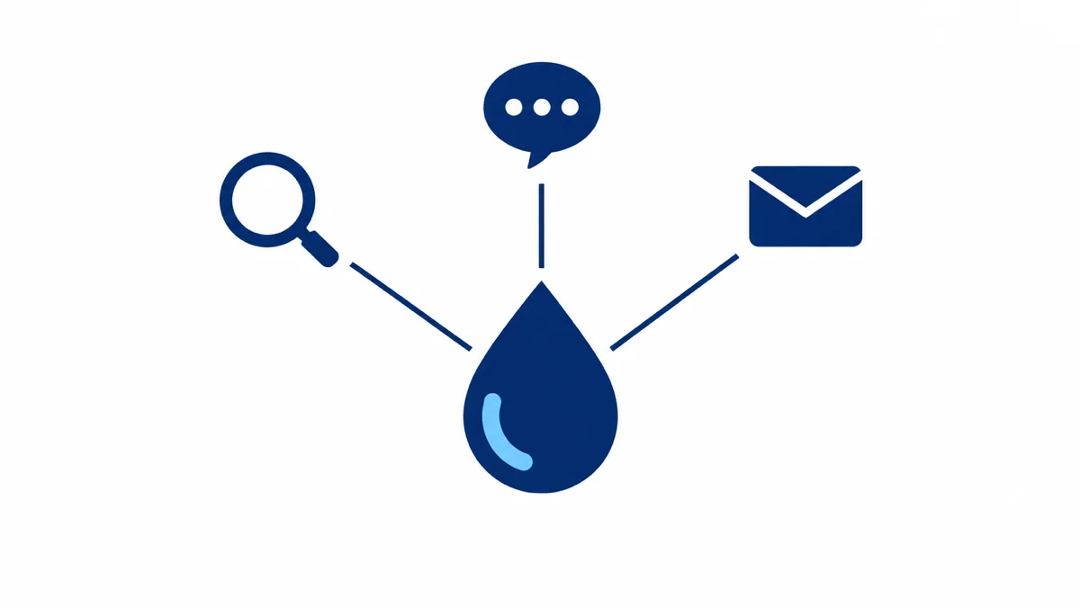 Flat illustration of a navy water droplet with three lines radiating out to a magnifying glass, a speech bubble, and an envelope, representing search, social, and email marketing channels for a water company