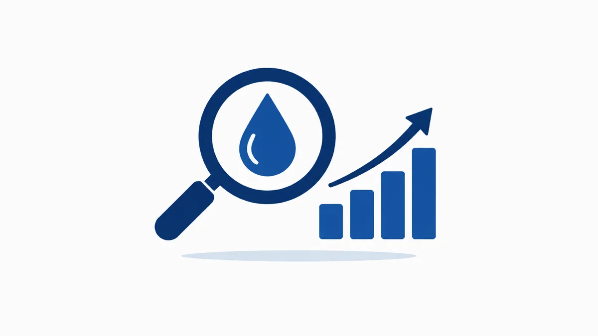 Flat illustration of a magnifying glass examining a water droplet next to a rising bar chart with an upward arrow, representing SEO and search rankings for a water company