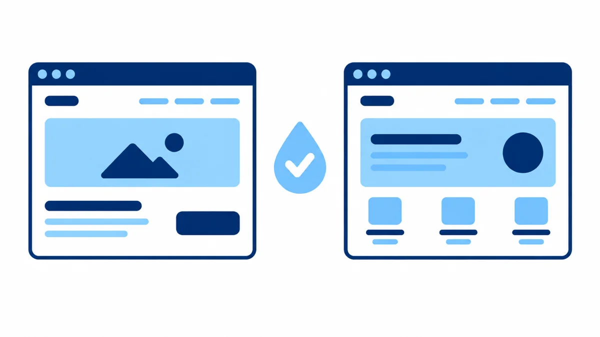 Flat illustration of two website browser windows side by side, connected by a water droplet with a checkmark inside it, representing a comparison of water filtration company websites