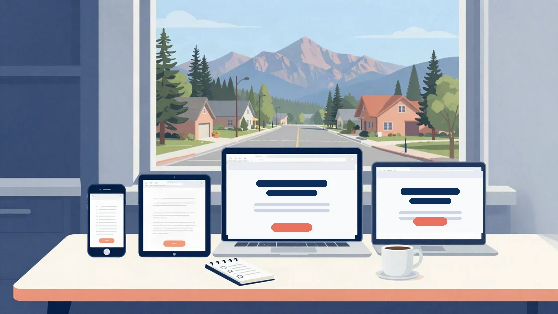 Flat illustration of a homeowner at a kitchen table comparing three business websites on a phone, a tablet and a laptop, with a Parker street and the Rockies through the window