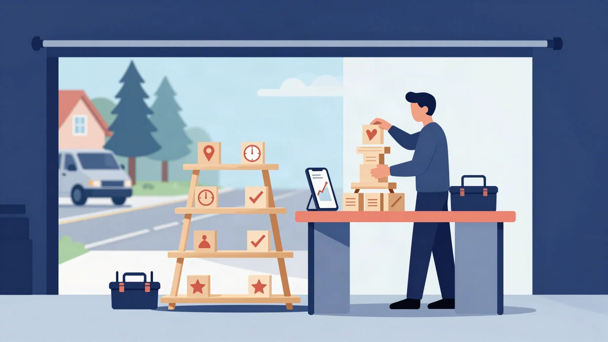 Flat illustration of a small business owner in a garage assembling a tiered wooden shelf, placing labeled blocks on it one at a time, a phone propped up showing a rising line graph