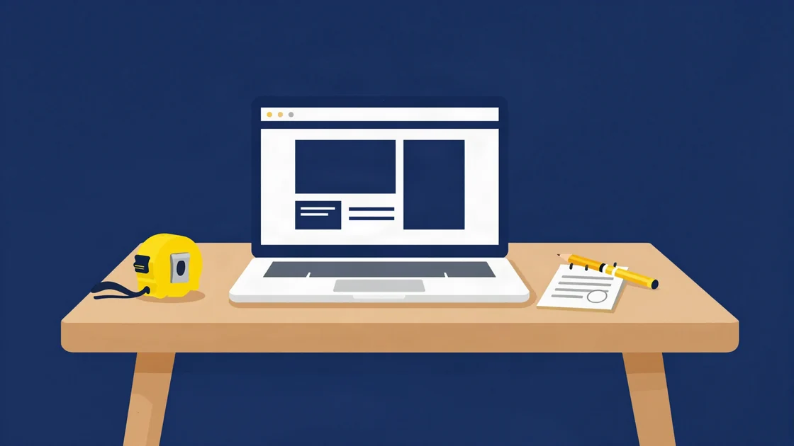 Flat illustration of a contractor's kitchen table with an open laptop, a tape measure, a pencil and a paper quote pad