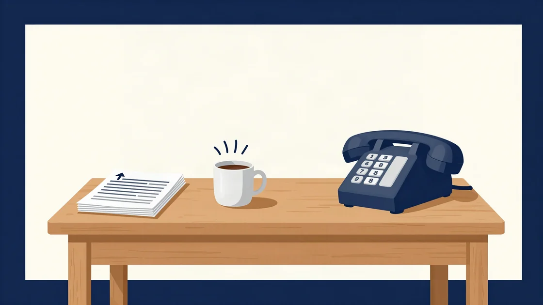 Flat illustration of a workbench with a stack of monthly reports on one side and a ringing desk telephone on the other