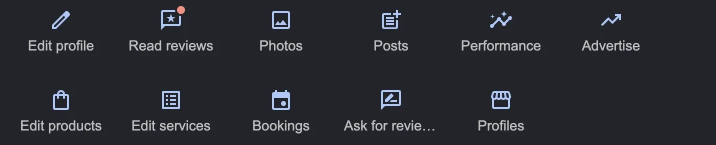 The tools row of a Google Business Profile dashboard, with the Ask for reviews button among edit profile, read reviews, photos, posts and performance
