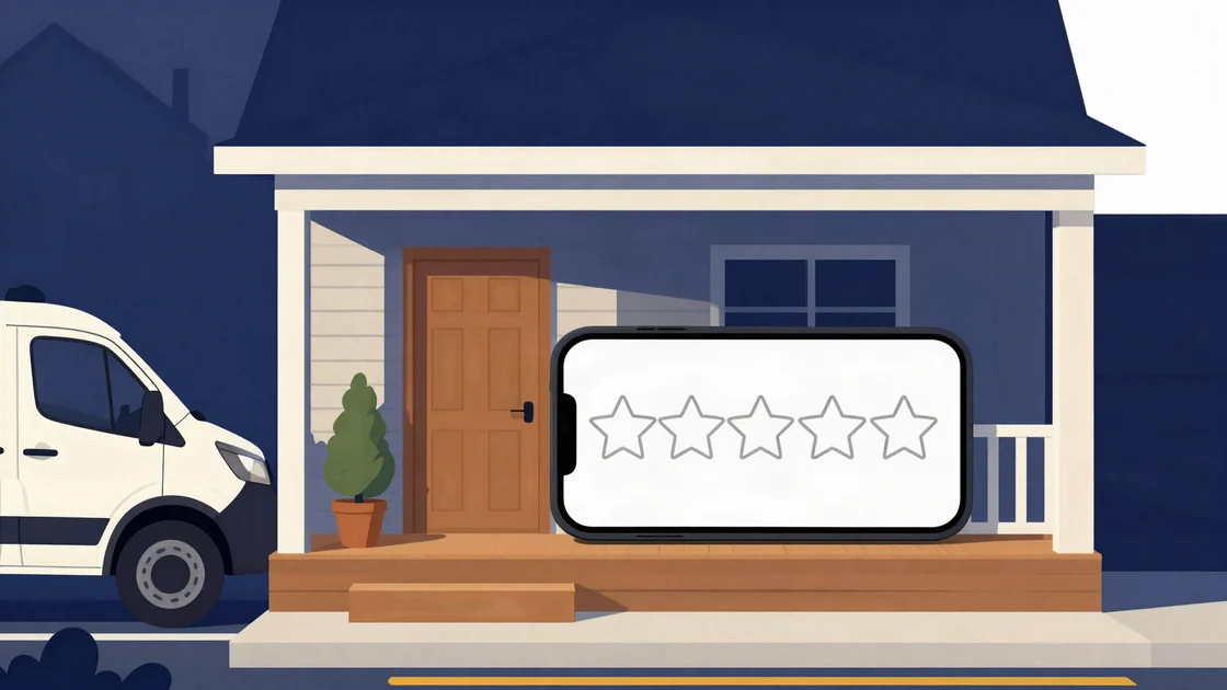 Flat illustration of a front porch at golden hour with a work van at the curb and a phone on the step showing five empty stars