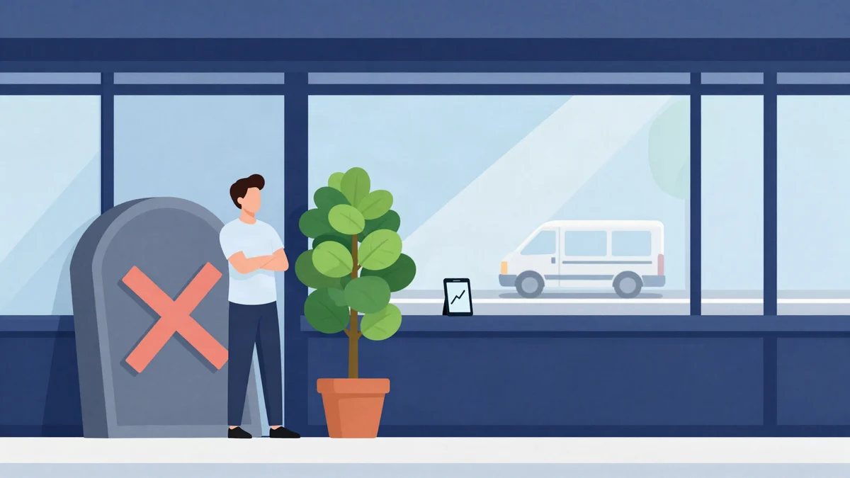 Flat illustration of a small business owner standing beside a crossed-out tombstone sign and a healthy potted plant growing in stacked rings, a phone on the counter showing a rising graph