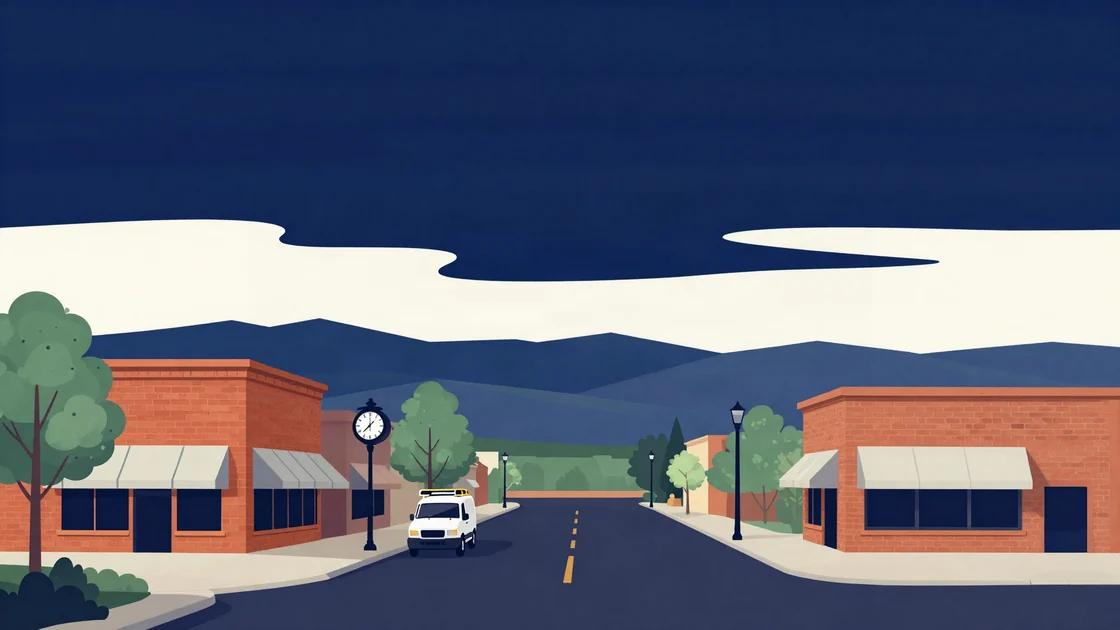 Flat illustration of a small-town main street with brick storefronts, a clock tower and a contractor's van at the curb