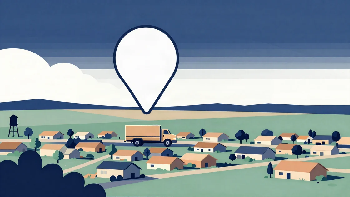 Flat illustration of a work truck on a rise above a spread-out suburban town with a map pin floating over it
