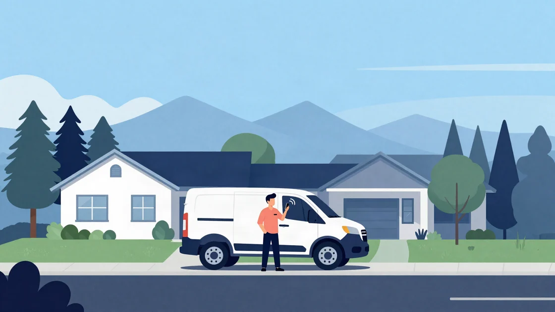 Flat illustration of a small business owner beside a single white work van in front of a Parker home, phone ringing in hand, with pines and the Rocky Mountains behind