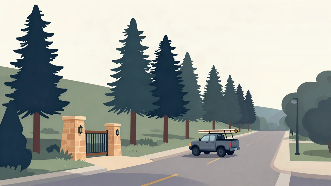 Flat illustration of a pine-lined street with a stone neighborhood entrance and a contractor's pickup driving in