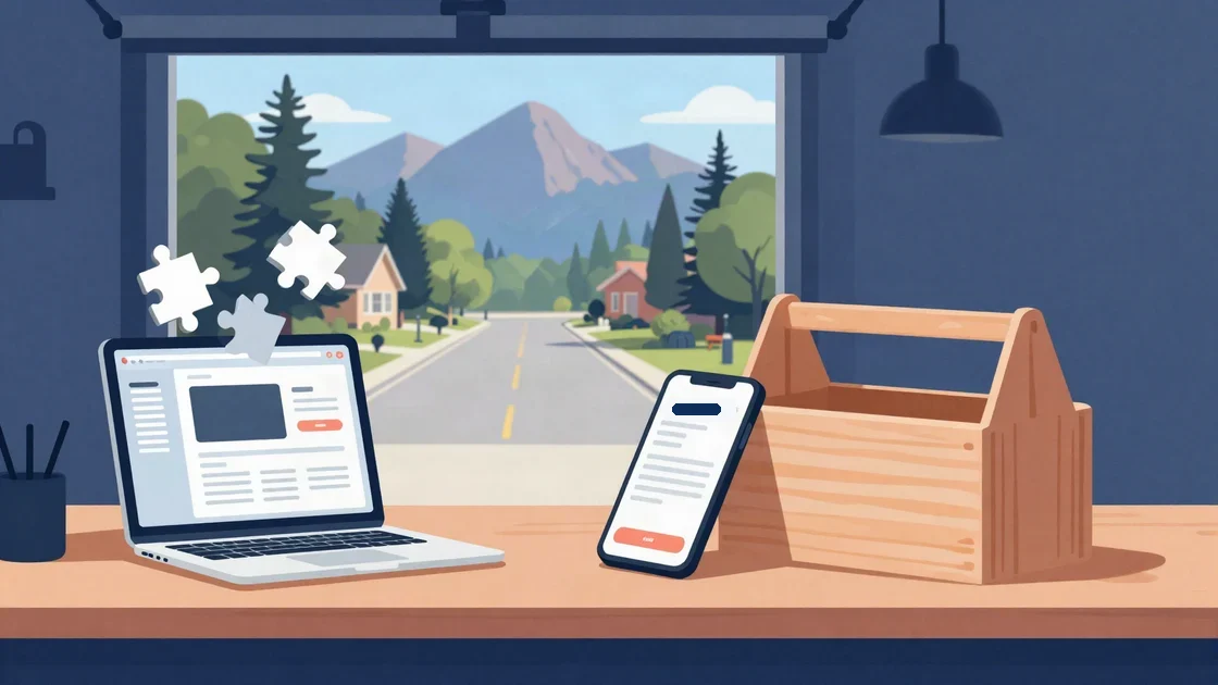Flat illustration of a garage workbench in Parker: a laptop with loose puzzle pieces floating over a drag-and-drop page builder beside a finished wooden toolbox with a phone resting on it, the Rockies through the open door