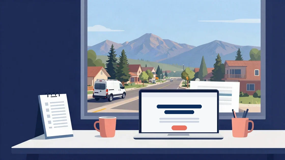 Flat illustration of a web designer's desk by a window, a laptop showing a service website wireframe, and a contractor's van on a Parker street with the Rockies behind