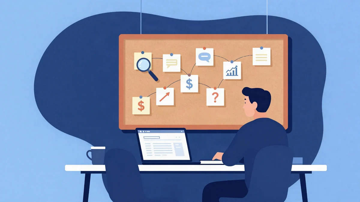 Flat illustration of a small business owner at a desk studying a corkboard of sticky notes connected by string, each one a different question about SEO