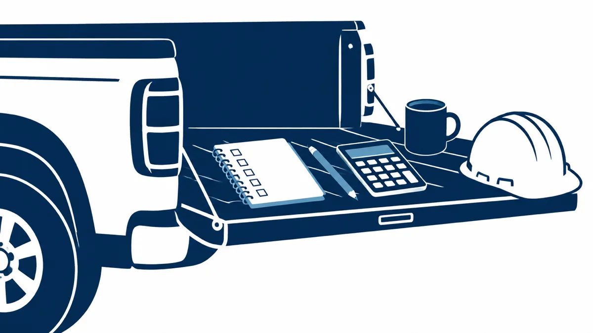 Flat navy illustration of an open pickup truck tailgate used as a desk, holding a spiral notepad with six empty checkboxes, a pencil, a calculator, a coffee cup and a hard hat, representing a contractor working out cost per booked job on the job site