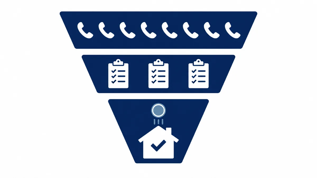 Flat navy illustration of a three-stage funnel: eight phone handset icons at the top narrowing to three clipboard icons, narrowing to one house with a checkmark, with a single coin dropping into the house