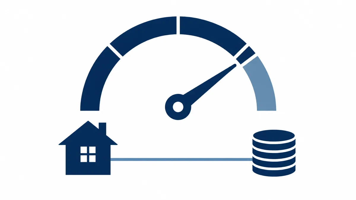 Flat navy illustration of a large gauge dial with the needle just before a shaded warning zone, a house silhouette on the left connected by a thin line to a stack of coins on the right, representing a marketing spend guardrail set against the value of a job