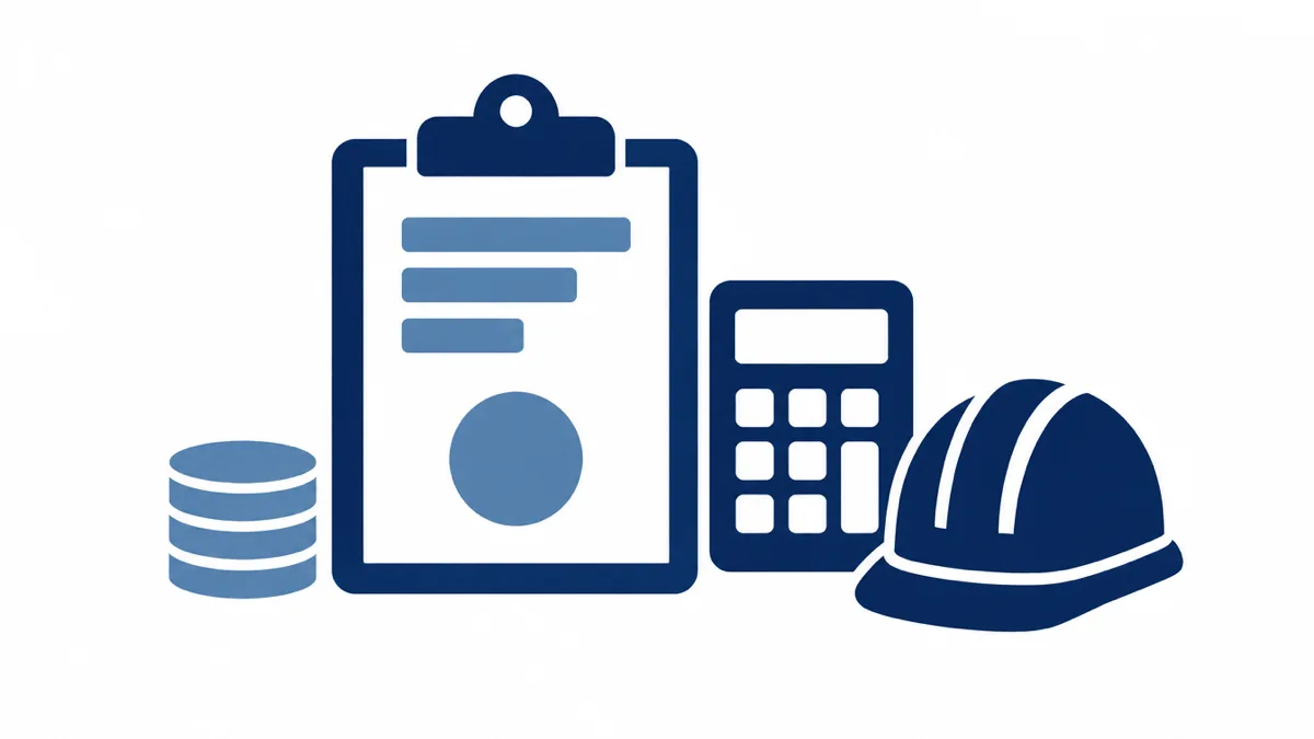 Flat navy illustration of a contractor's one-page monthly report on a clipboard, three shrinking bars and one circled number, beside a calculator, a hard hat and a short stack of coins