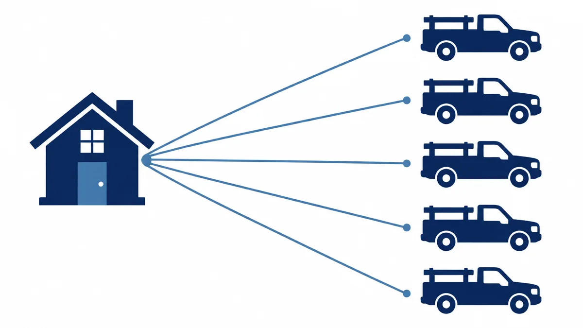 Flat navy illustration of one house on the left with five thin lines fanning out to five identical contractor pickup trucks stacked on the right, representing a single homeowner request sent to up to five contractors at once on a shared-lead platform