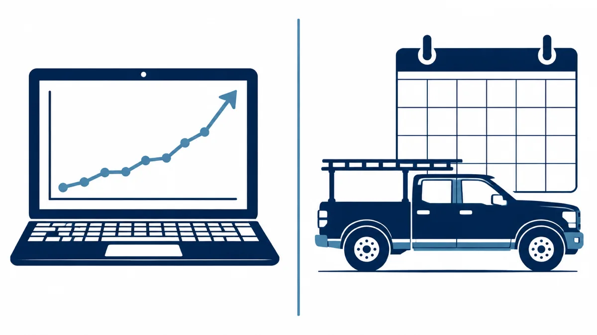 Flat navy illustration split down the middle: on the left a laptop showing a line chart climbing steeply, on the right a contractor's pickup truck with a ladder rack parked beside a wall calendar with every square empty
