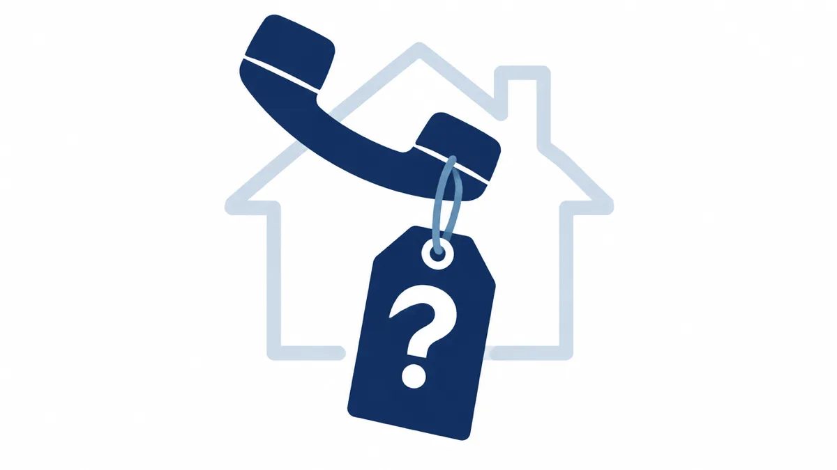 Flat navy illustration of a price tag marked only with a question mark hanging from a phone handset, in front of a faint outline of a house, representing the question of what a contractor lead is actually worth