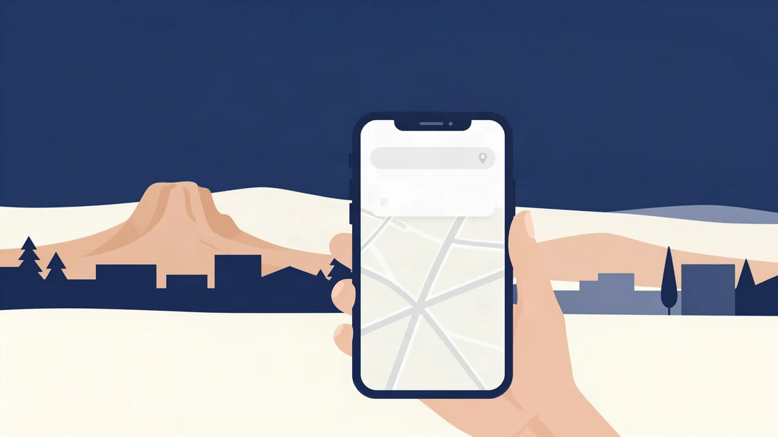 Flat illustration of a phone showing a map with an empty search bar and no pin, with the Castle Rock butte on the horizon behind it