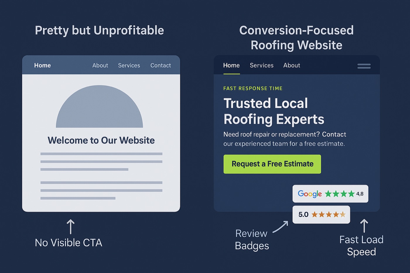 Good vs bad example website for roofing