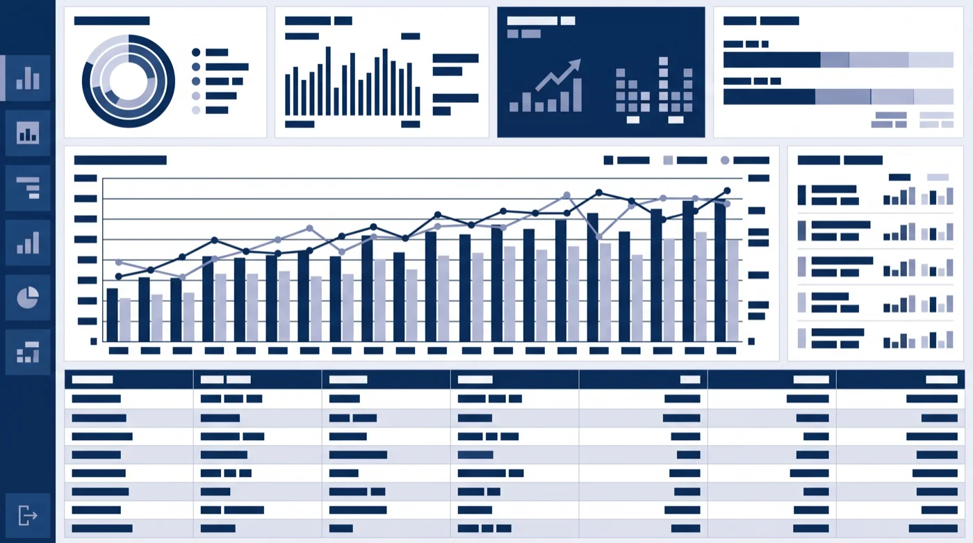 Illustration: a dense ad campaign dashboard with a navigation rail, four varied metric tiles, a combined bar and line chart, a sparkline panel and a full data table, every figure shown as an abstract bar