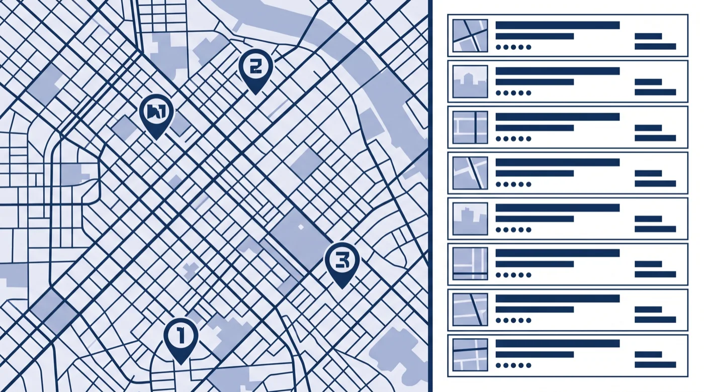 Illustration: a map-pack search layout, with an abstract street map beside a ranked list of result rows, all text shown as abstract bars