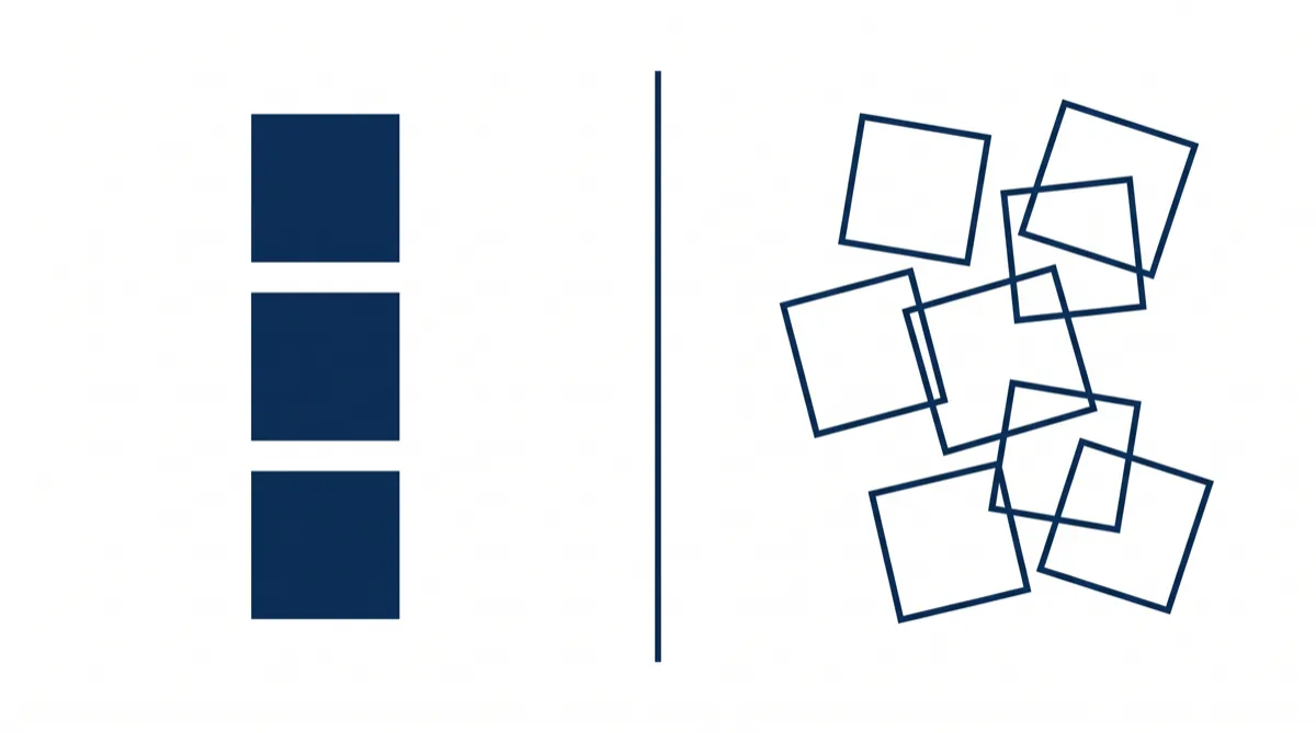 Illustration: a tidy aligned grid of solid squares beside a scattered tangle of outlined squares