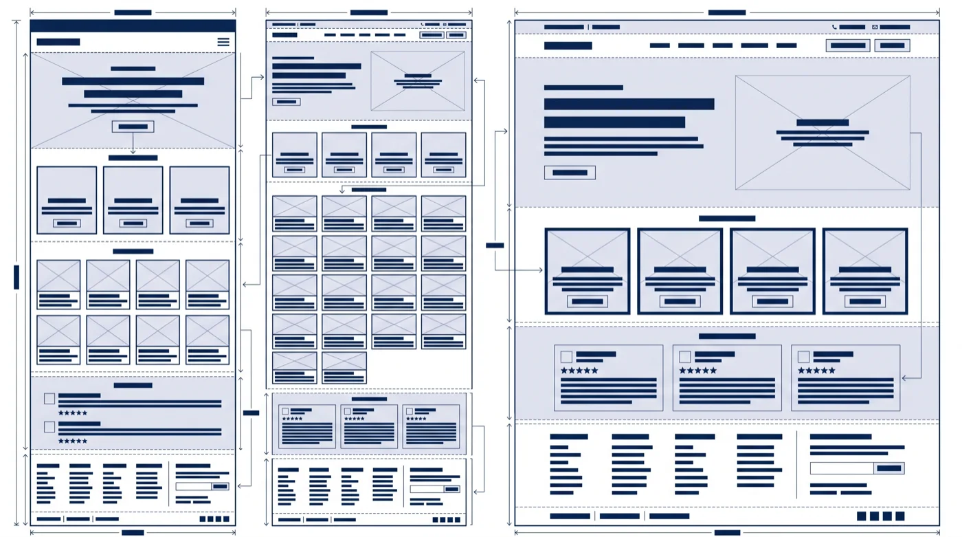 Illustration: an architectural wireframe of a contractor website across phone, tablet and desktop layouts, all text shown as abstract bars