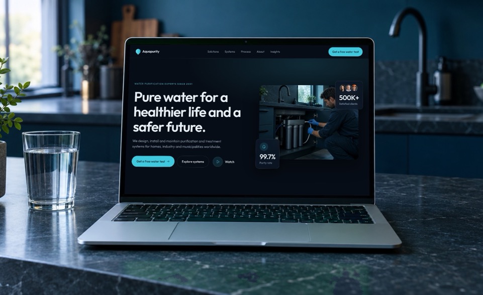 Aquapurity homepage, a water filtration ecommerce brand