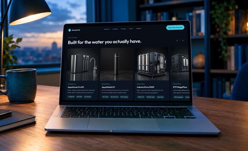 Aquapurity systems page, showing individual filtration products with specs