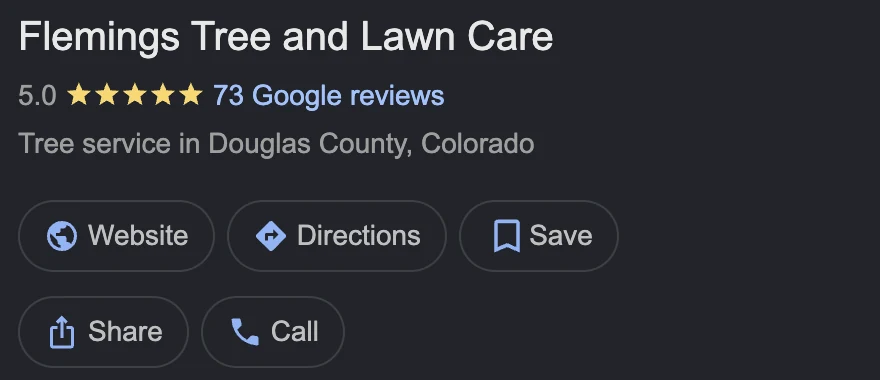 The Google box for Flemings Tree and Lawn Care with its Website button: 5.0 stars, 73 Google reviews