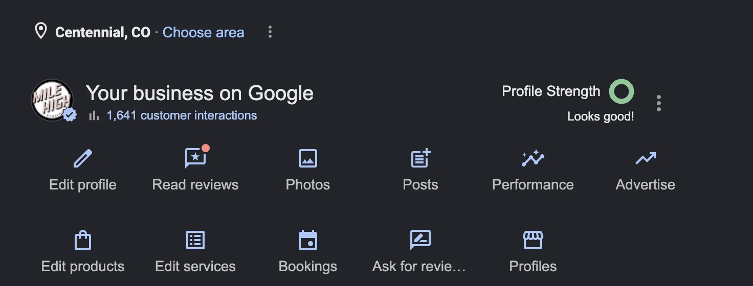 A Google Business Profile dashboard for a Centennial client: 1,641 customer interactions, profile strength looks good, with the edit profile, reviews, photos, posts, performance and services tools