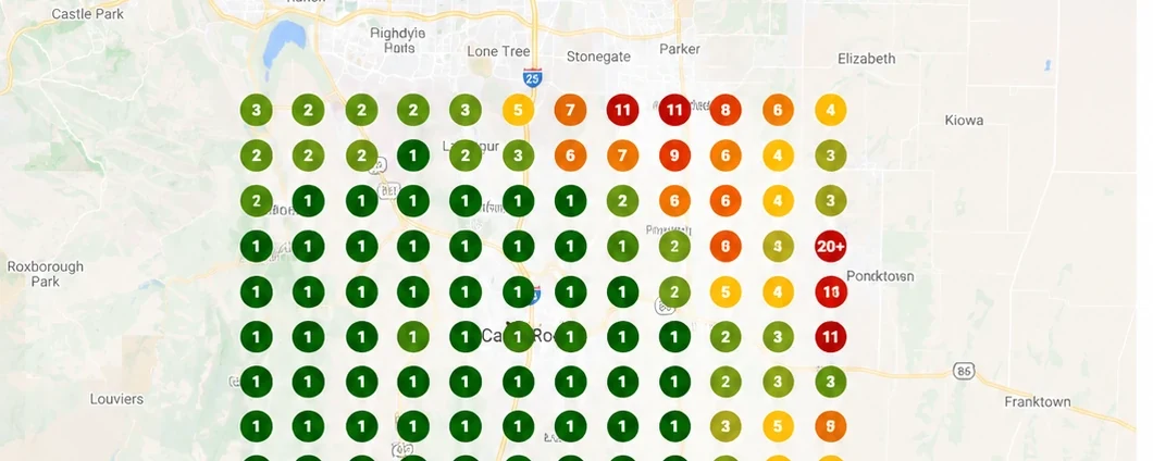 The northern rows of a Google Maps ranking scan for a Castle Rock tree service: first place through the middle, slipping to 2nd and 3rd at the north edge and to 7th, 11th and worse toward Lone Tree and Parker