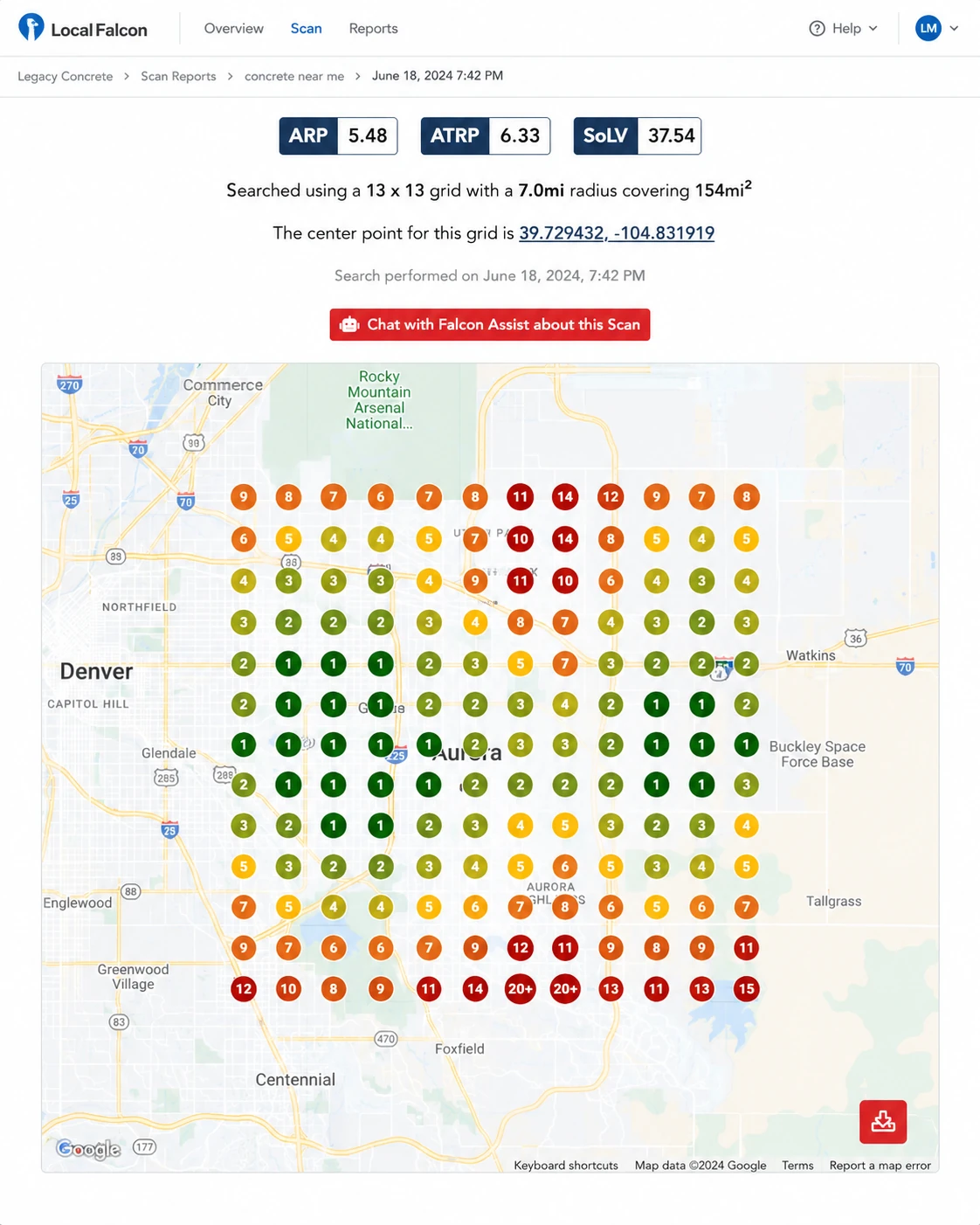 A Local Falcon geo grid for Legacy Concrete showing map pack positions for concrete near me across Aurora and east Denver