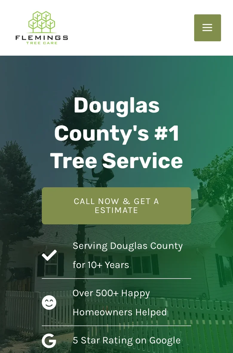 The Flemings Tree Care website on a phone: headline, call button and three trust lines fit on one screen