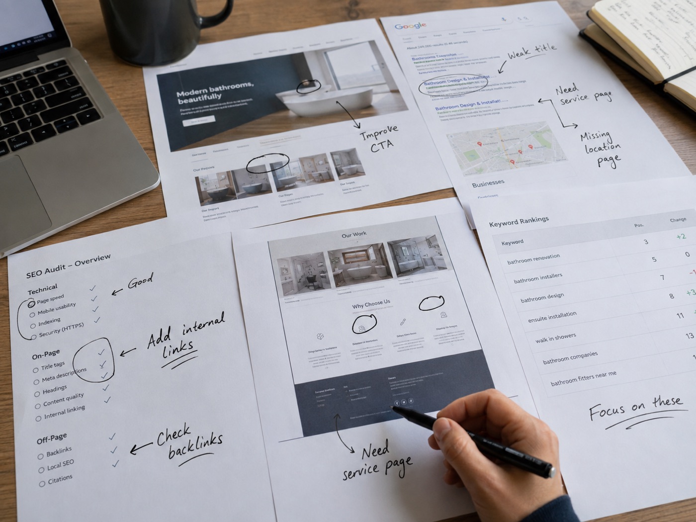 Printed audit pages covering technical, on-page and off-page checks, marked up in pen