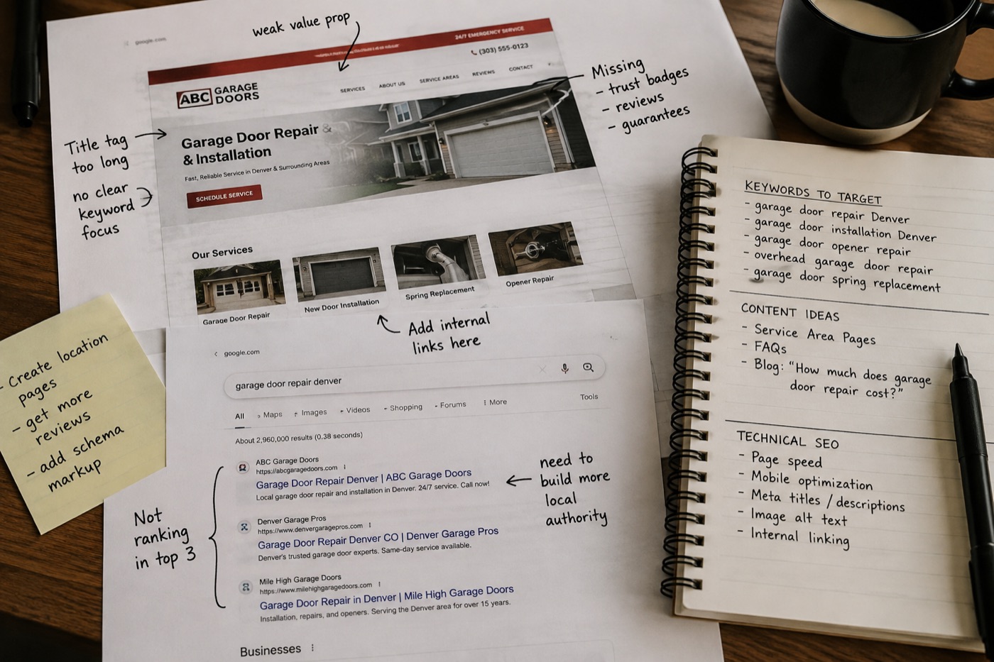 An SEO audit laid out on a desk, printed pages annotated by hand with title tag and internal link notes