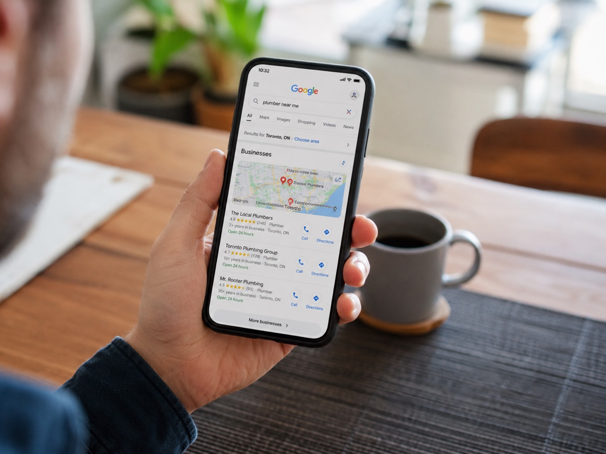 A phone held in one hand showing the Google map pack for a near-me search