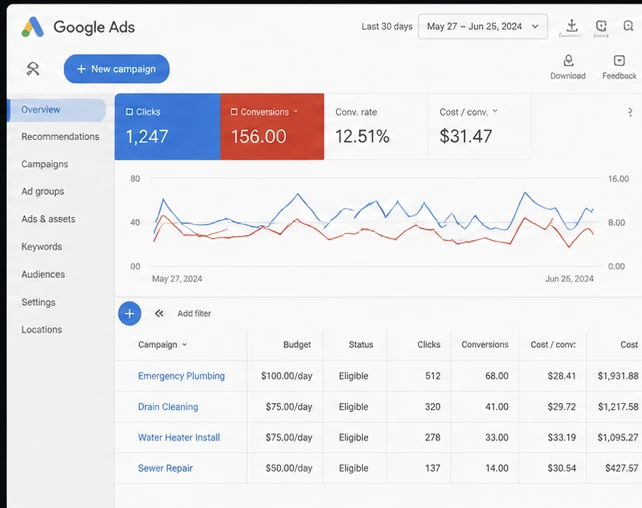 A Google Ads dashboard showing campaigns with clicks, conversions and cost per conversion